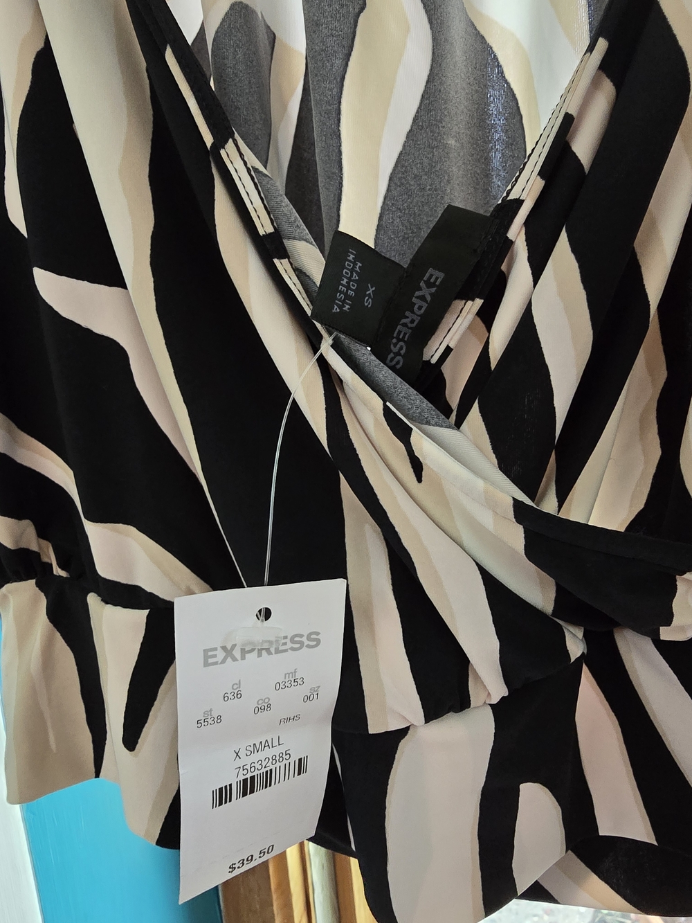 Express Black and Cream Abstract Wrap Blouse